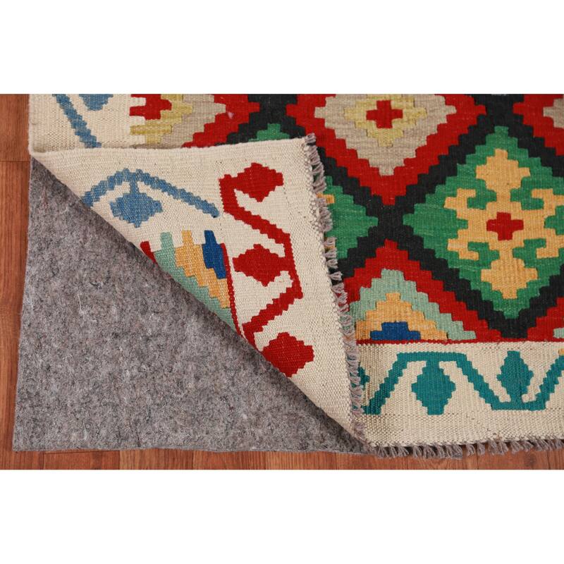 Hand Woven Oriental 100% Wool Carpet Southwestern Geometric Multi-Colored Kilim Runner Rug - 13' 2'' X 2' 9''