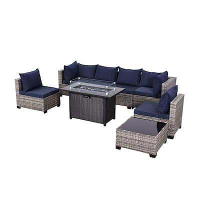 8 PCS Wicker Patio Conversation Set With Fire Table