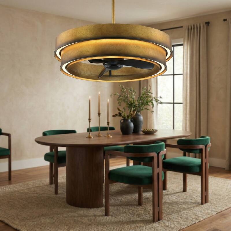 31.5" Rusted Gold Dual LED Strip Caged Fandelier Ceiling Fan with Light and Remote