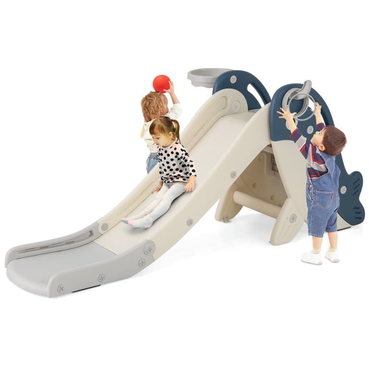 Foldable Freestanding Baby Slide Climber Playset with Basketball Hoop for Kids-Blue - Multi