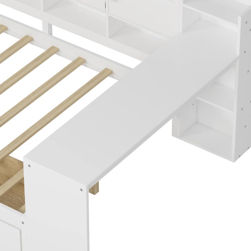 L-Shape Storage Headboard Daybed Sofa Bed, Wooden Panel Bed Frame with Study Desk and 2 Storage Drawers
