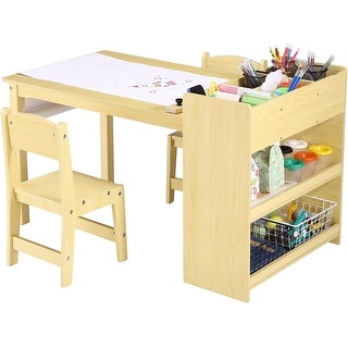 Kids Art Table and 2 Chairs, Craft Table with Large Storage Shelves