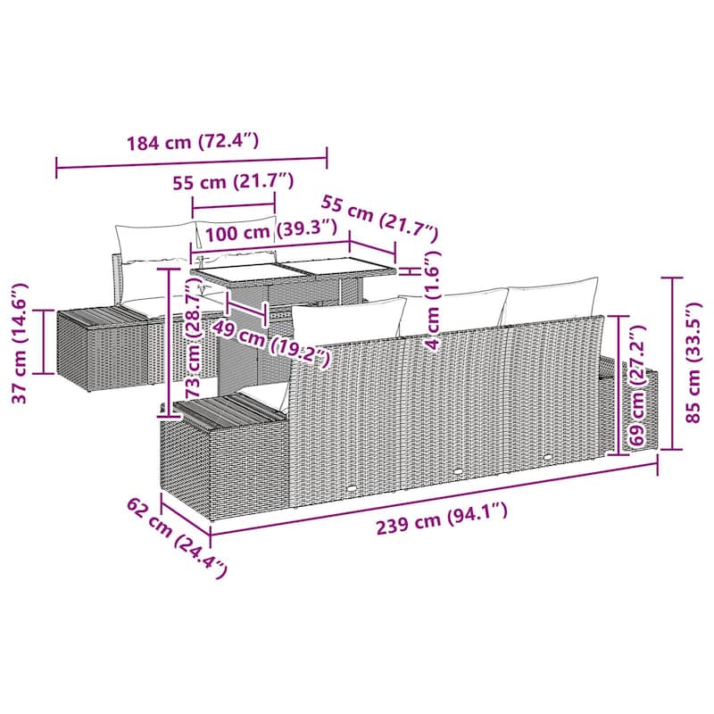 vidaXL 6 Piece Garden Sofa Set with Cushions - 94.1×24.4×27.2