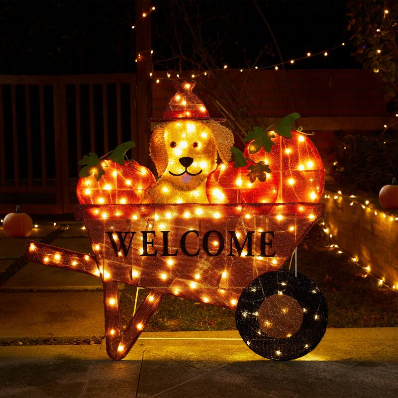 Glitzhome 3ft Lighted Fall Pumpkin Wheel Barrow with Labrador Outdoor Decor - 38.25"L x 0.5"W x 36.25"H