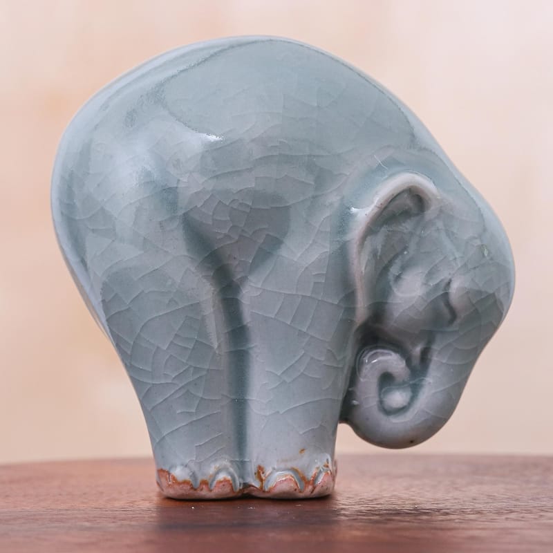 Novica Handmade Elephant Forward Bend Celadon Ceramic Figurine