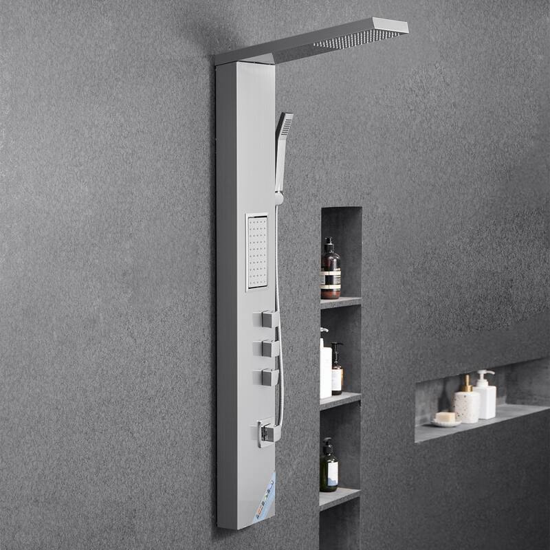 Silver Stainless Steel 3-in-1 Shower Panel with Rainfall, Massage and Handheld - 53.0x 7.9x 18.1 inch