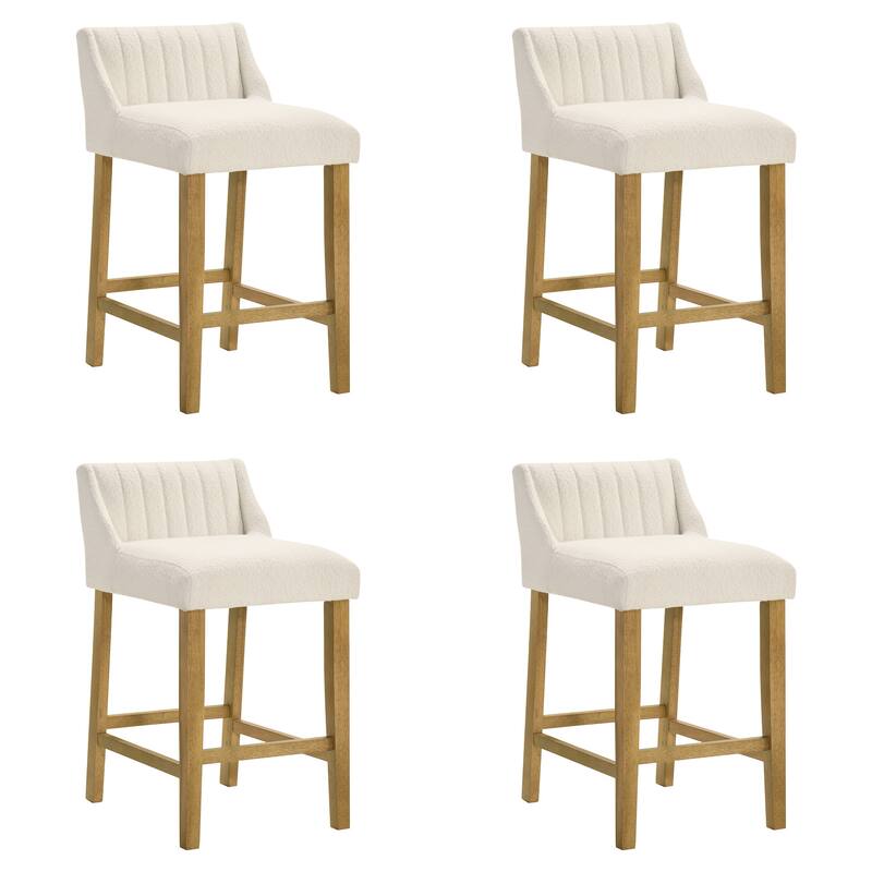 Fauna Low-Back Boucle Bar Stool, Upholstered Counter Height Kitchen Barstool with Wood Legs - Set of 4 - Amber Glow - Counter Height