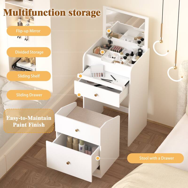 Anmytek Multifunctional Storage Unit White Vanity Desk with Mirror,Chair, Drawers for Small Spaces