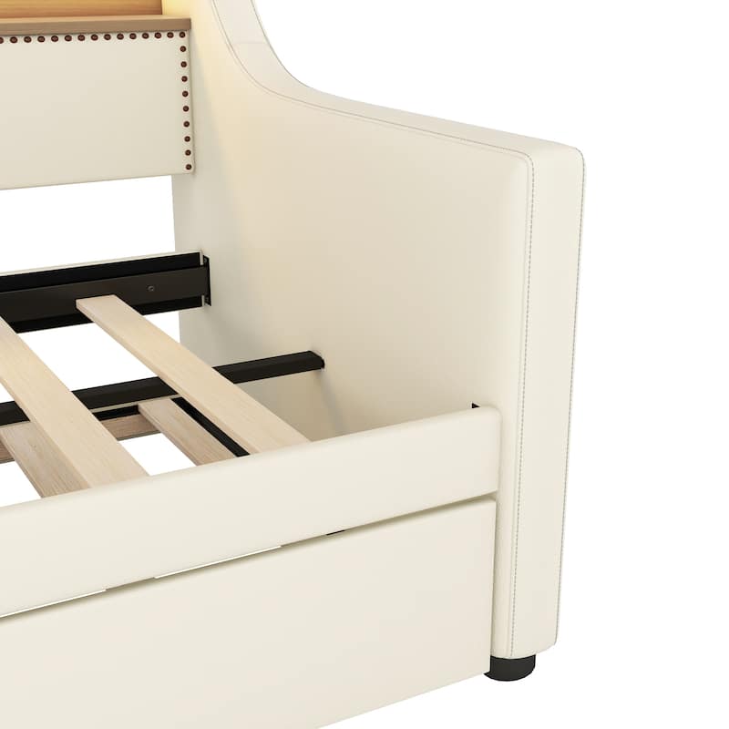 GDFStudio - Bellamy Daybed with Trundle, Upholstered Daybed with Charging Station and LED Lights