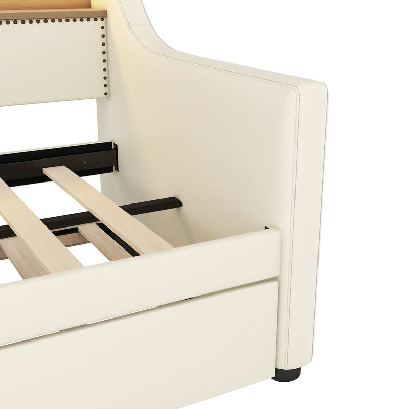 Roomfitters Upholstered Twin Daybed with Trundle, Built-in Charging Station & Lighting Headboard, Space-Saving Design