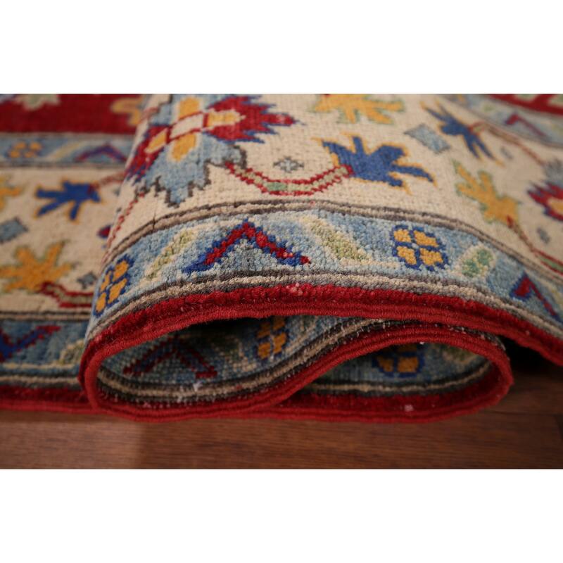 Hand Knotted Oriental 100% Wool Carpet Traditional Geometric Red Kazak Area Rug - 8' 7'' X 6' 2''