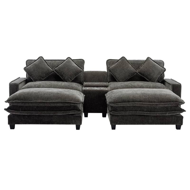 111" Grey Chenille Sectional Sofa with 2 Removable Ottomans, USB Ports, Cup Holders & Storage Box