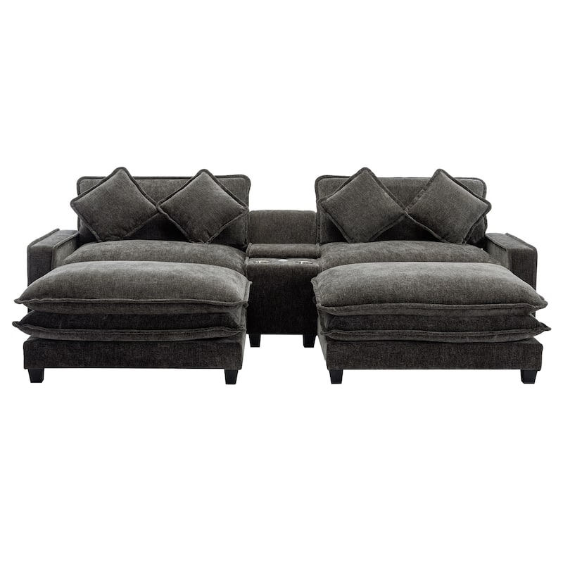 Roomfitters Chenille Sectional Sofa with 2 Ottomans, USB Ports, Cup Holders and Storage Box for Living Room