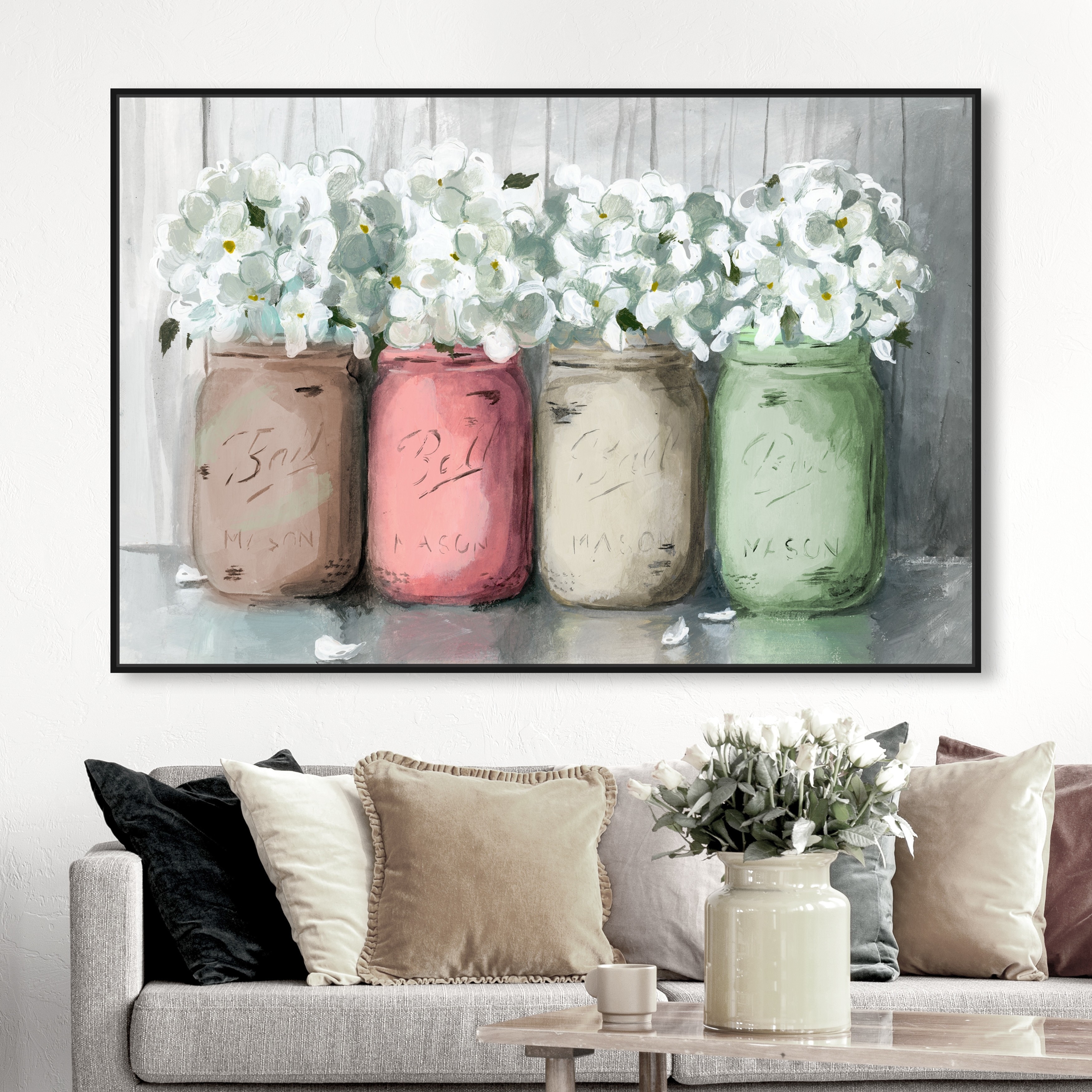 Oliver Gal 'Mason Jar Muted' Floral and Botanical Wall Art Framed Canvas  Print Florals White, Gray On Sale Bed Bath  Beyond 31794871