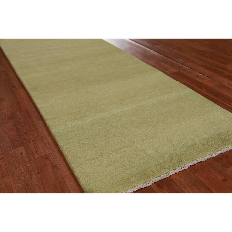 Hand Knotted Oriental 100% Wool Carpet Modern Solid Green Gabbeh Runner Rug - 8' 2'' X 2' 9''