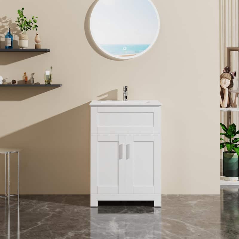 24" Sink Bathroom Vanity Laundry Cabinet Combo, White - White