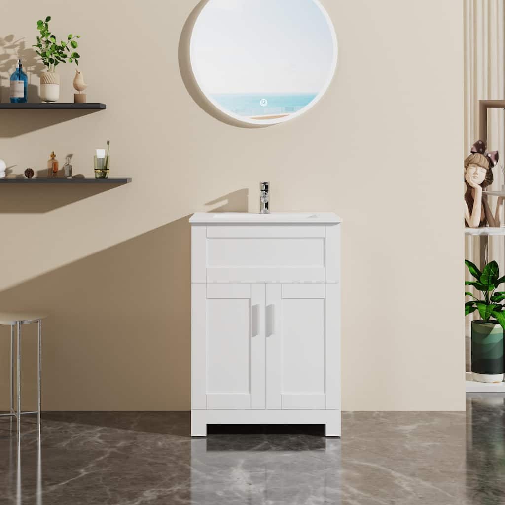 White Bathroom Vanity Cabinet Combo, 24 Inches, Ceramic Sink, Two-Door Storage, Easy Assembly