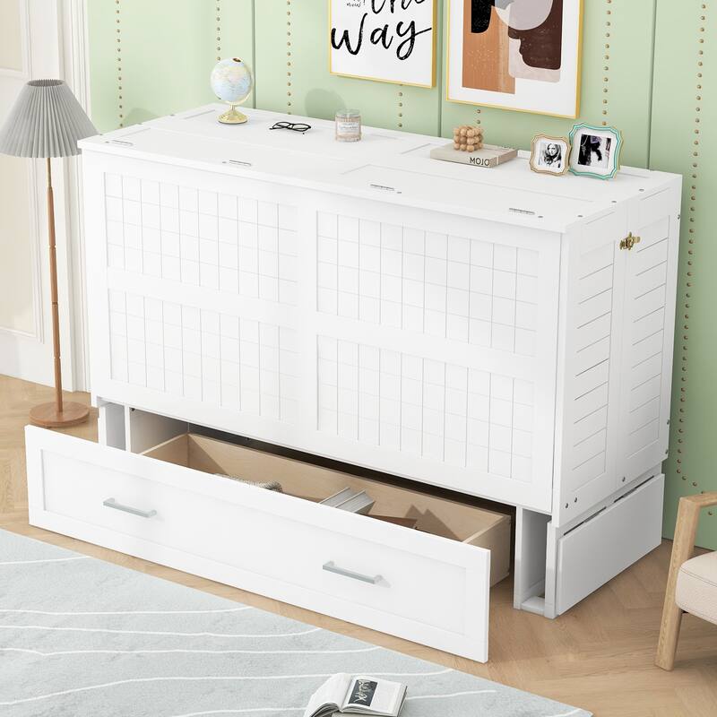 Queen Size Mobile Murphy Bed with Large Storage Drawer, 2 Side Shelves, and Foldable Design