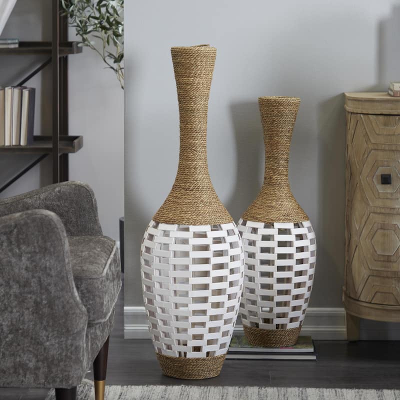 Seagrass Handmade Wrapped Tall Floor Vase with Cream Mosaic Bamboo Center - Brown - Roche River Decor - 13"W x 13"L x 40"H