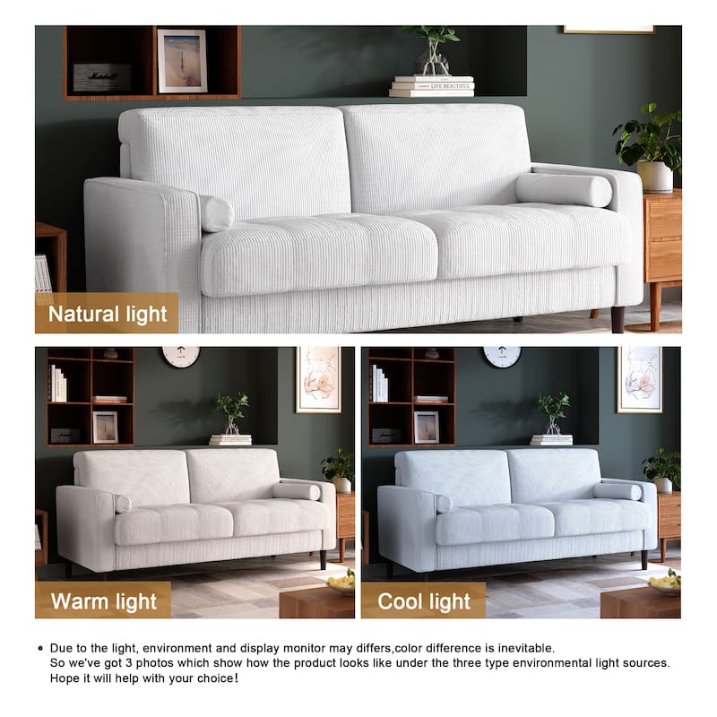 Modern Corduroy Upholstered 2 Seater Sofa with Bolster Pillows