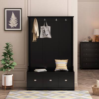 Hall Tree with 4 Hooks and 3 Large Drawers, Coat Hanger, Storage Bench, 3-in-1 Design
