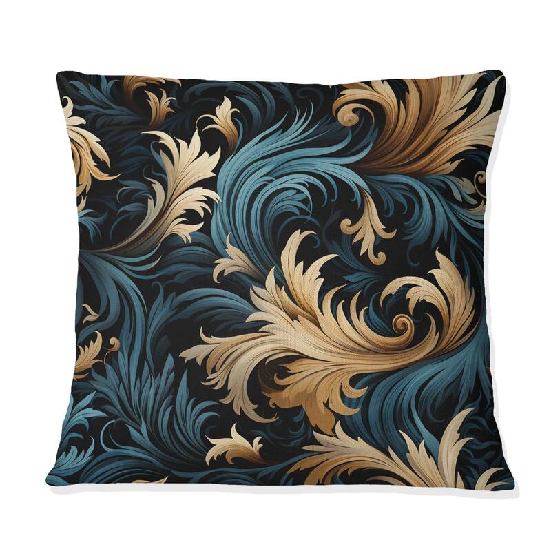 Designart "Damask Black And Golden Calligraphy Flourishes" Damask Printed Throw Pillow