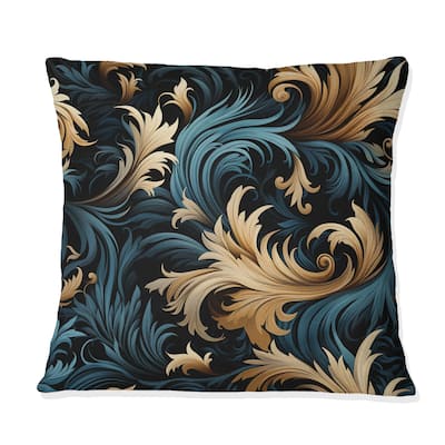 Designart "Damask Black And Golden Calligraphy Flourishes" Damask Printed Throw Pillow