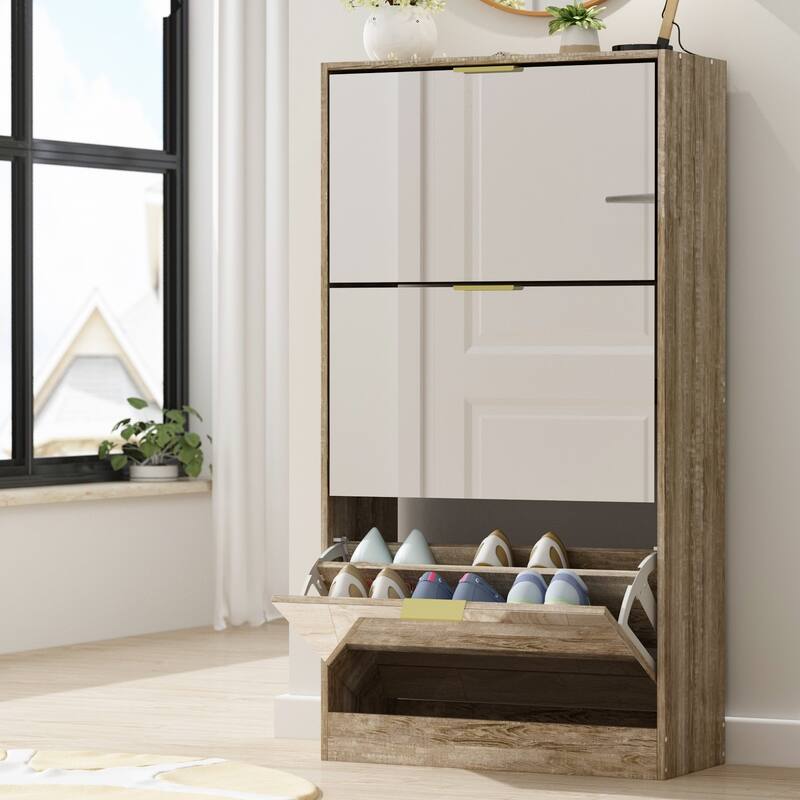 Timechee Shoe Cabinet with 3 Mirrored Flip Drawers, Free Standing Slim