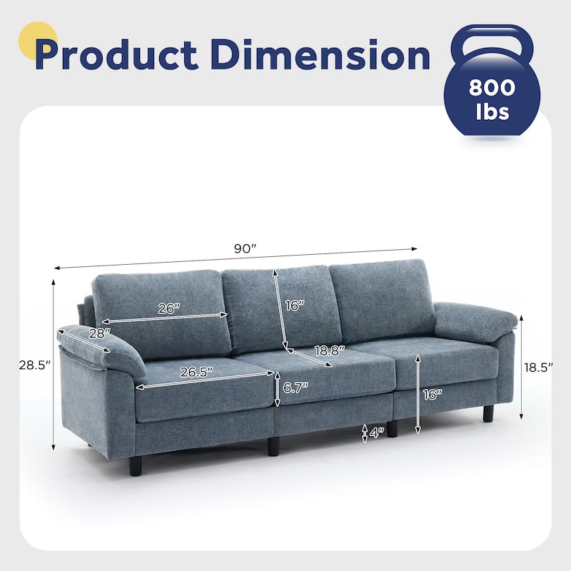 90" Chenille Upholstered 3-Seater Sofa Couch Sectional Sofa with Pillow Top Arms