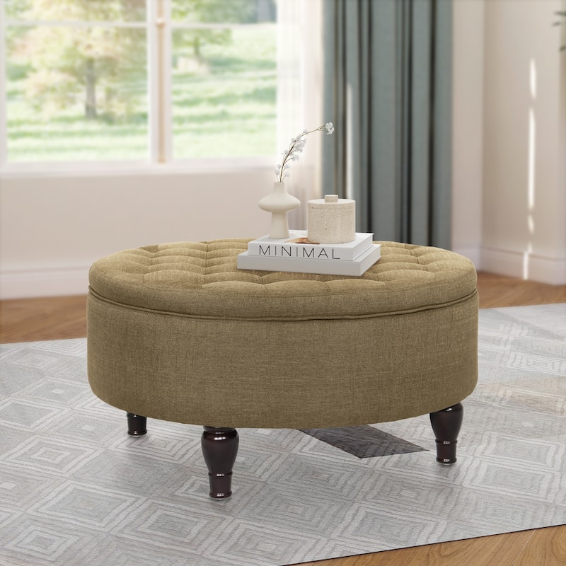 Maypex 32" Tufted Round Storage Cocktail Ottoman - Tan