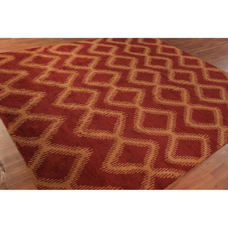 Hand Knotted Oriental 100% Wool Carpet Modern Geometric Red Moroccan Area Rug - 9' 7'' X 7' 11''