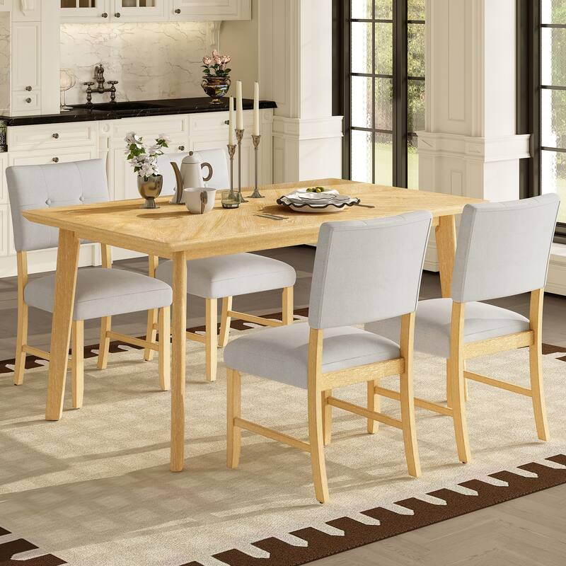 5 Piece Solid Wood Dining Table Set, Rectangular Table with 4 Chairs, Kitchen Dining Table & Chair Set for 4 Persons - Natural Wood Wash