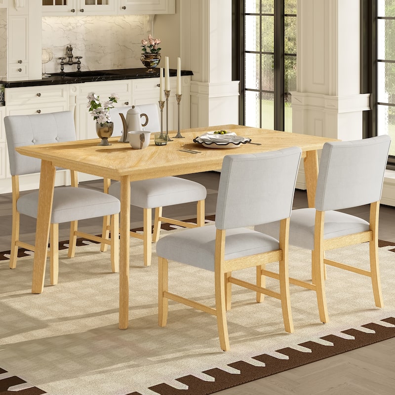 Roomfitters 5-Piece Farmhouse Dining Table Set, Rectangular Wood Kitchen Table with 4 Upholstered Chairs, Natural Wood Wash