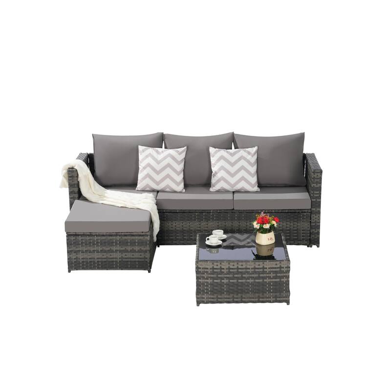 2-Pieces Outdoor Patio L-Shaped Sectional Sofa Set with Glass Coffee Table