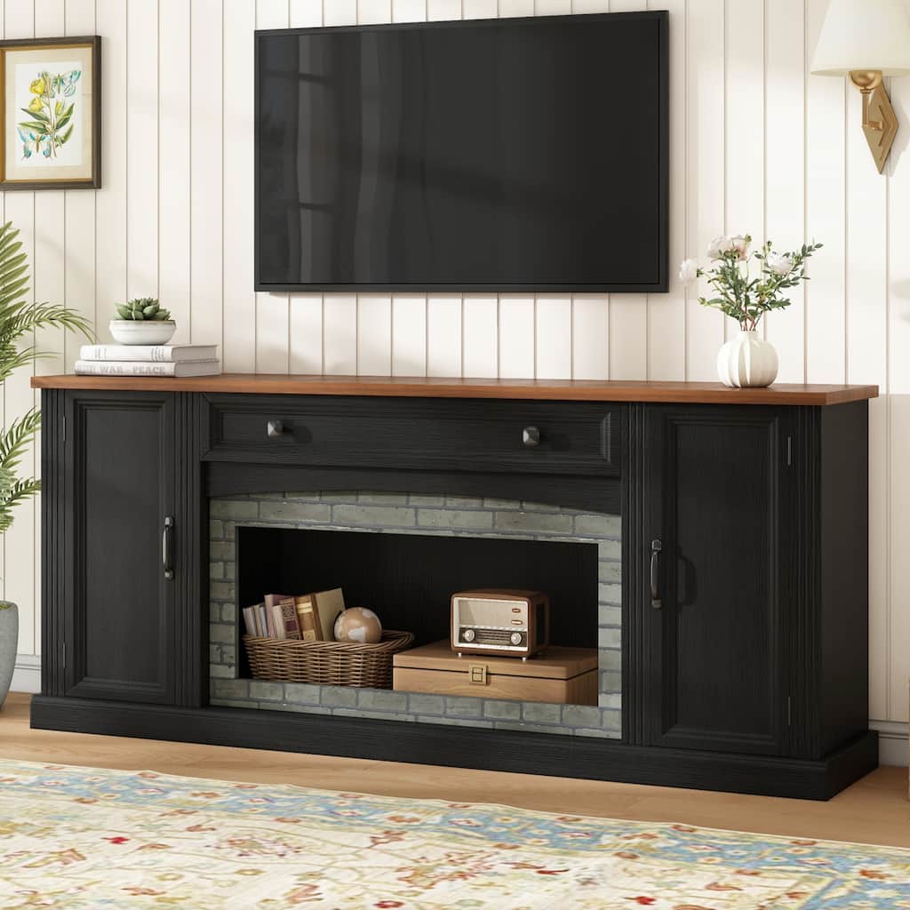 Roomfitters Farmhouse TV Stand with Center Fireplace Insert Hutch and Side Storage Cabinets for Living Room