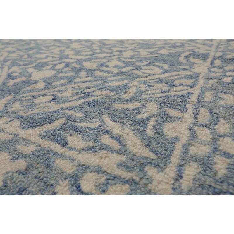 Multi Size 5'x8' Blue Wool Hand Hooked Transitional Area Rug