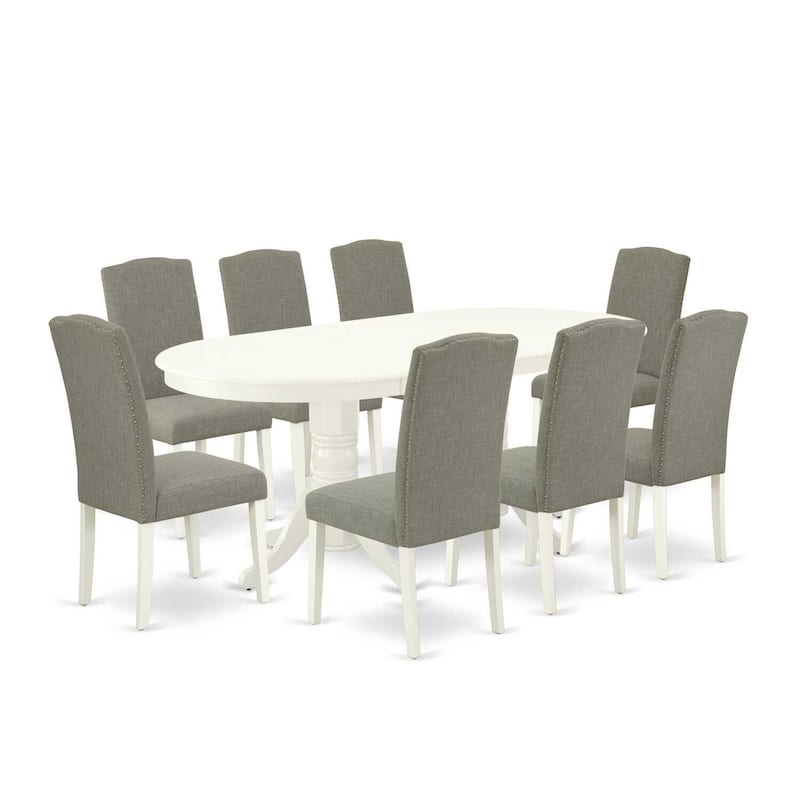Kitchen Dining Set 9Pc - Table w/ Leaf & 8 Chairs - Linen White Legs - Dark Shitake Fabric