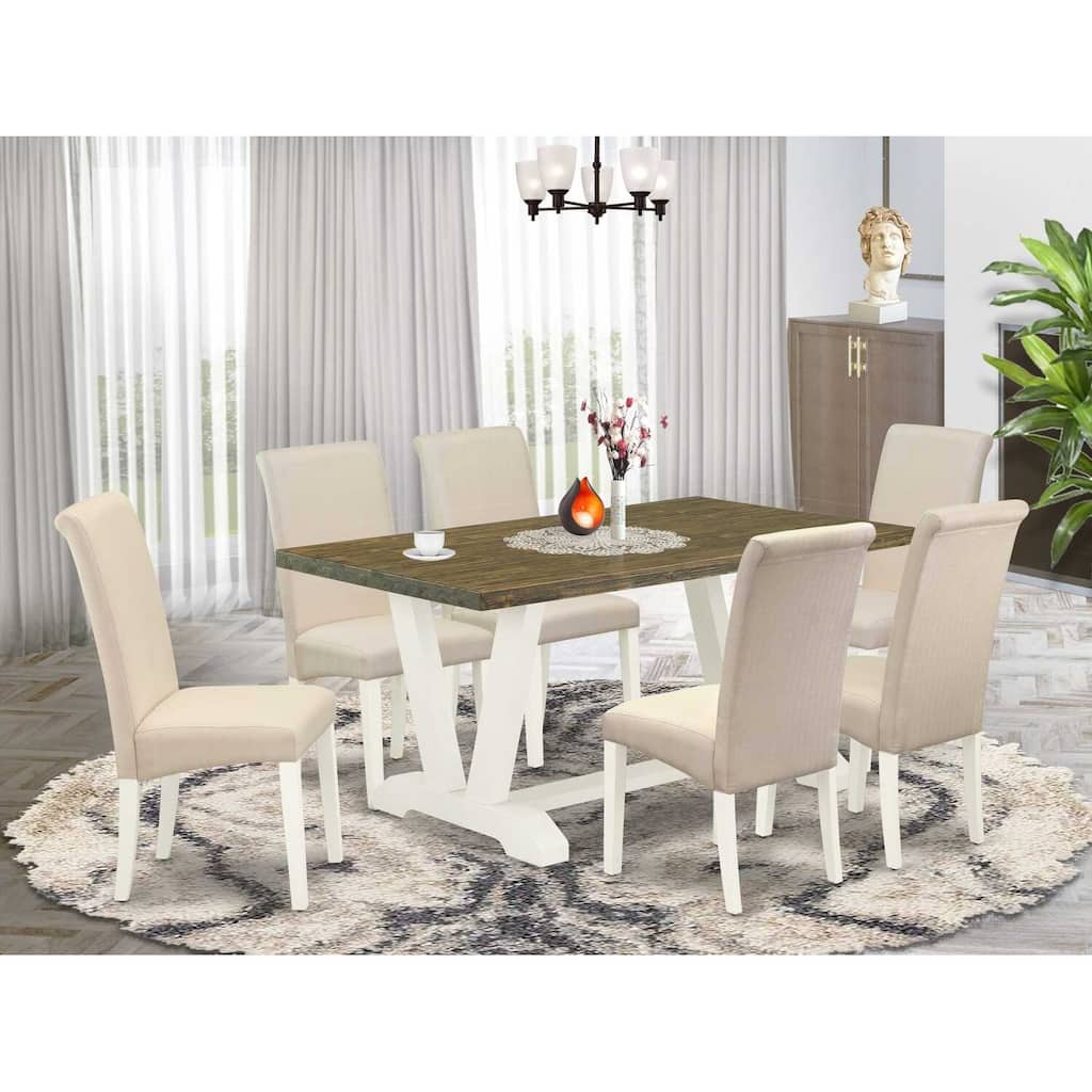 HomeStock 7-Pc Rectangle Distressed Jacobean Finish Solid Wood Top Dining Table with 6-Chairs