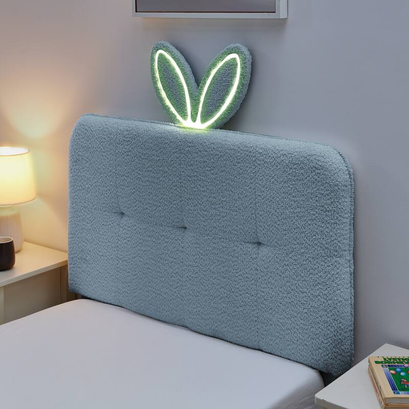 Kids Boucle Upholstered Bed with Rabbit Ear Headboard, LED Music Sync & 4 Drawers