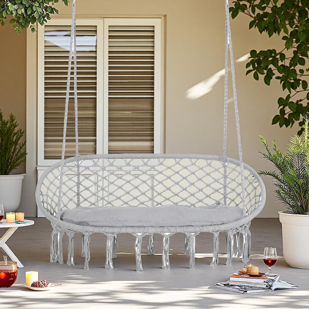 Steel Frame 2-Person Macrame Hammock Chair with Includes Cushion and 704lb Capacity