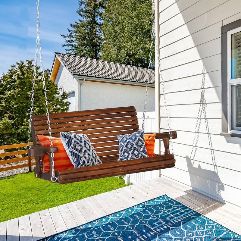 Upgraded 2-Person Wood Porch Swing with Cup Holders and Chains - N/A