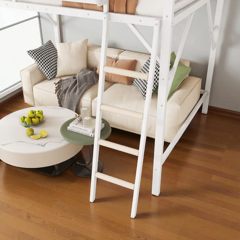 Full/Queen Size Metal Loft Bed with Storage Shelves, Guardrails, and Ladder, Space-Saving High Loft Bed for Kids and Teens