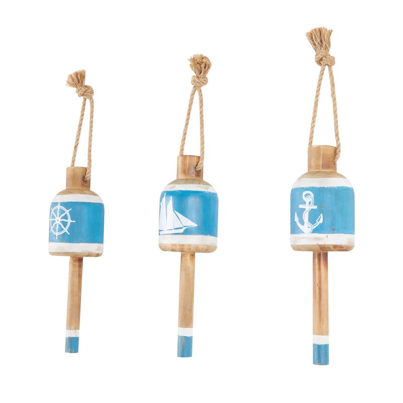 Blue Wood Anchor, Sailboat, and Ship Wheel Buoy Home Wall Decor with Hanging Rope (Set of 3)