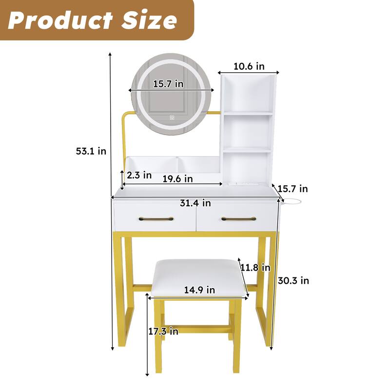 Makeup Vanity Dressing Table with Round LED Makeup Mirror & Metal Chair
