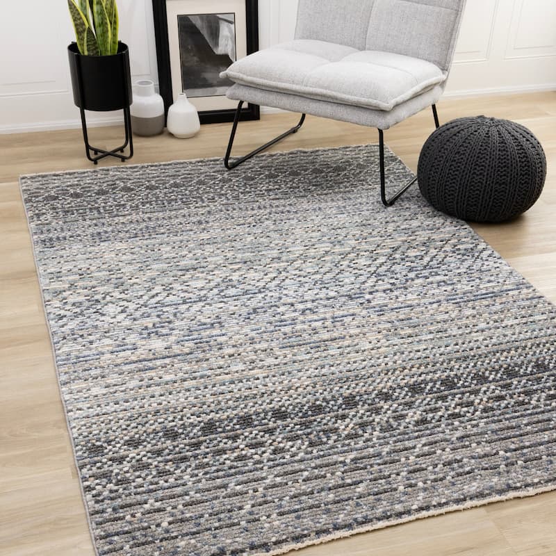 Blue Beige Grey Ribbed Textured Area Rug, 5'3" x 7'7"