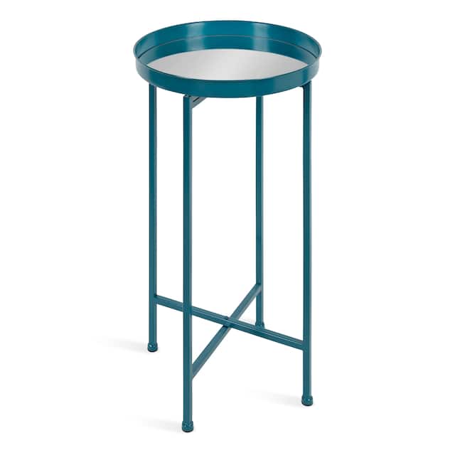 Kate and Laurel Celia Round Foldable Metal Accent Table - Teal/Mirror
