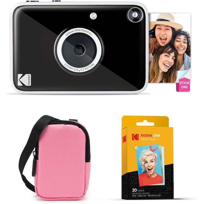 KODAK Printomatic+ Instant Camera Bundle 10MP w/ Pink Case & 20 Zink Paper - Black