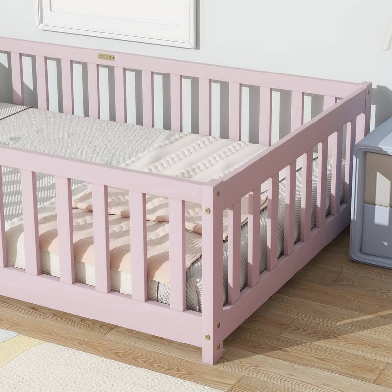 Rubber Wood Twin Size Floor Bed with Fence without Door