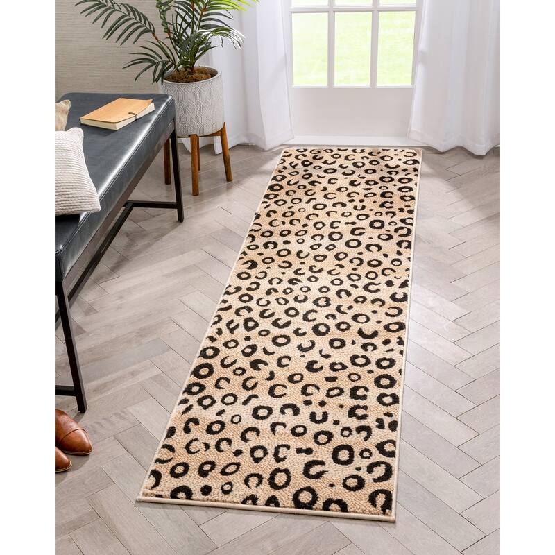 Well Woven Leopard Modern Animal Prints Black Ivory Runner Rug - 2' x 7'3"