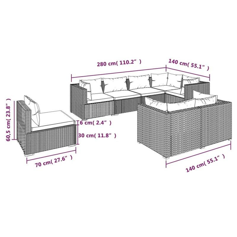 vidaXL Patio Lounge Set Outdoor Sectional Sofa Set Table Garden Poly Rattan - 27.6" x 27.6" x 23.8"
